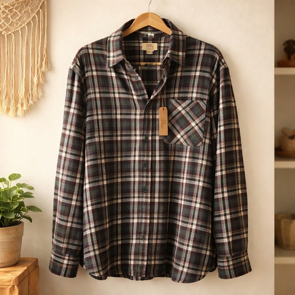 Boston Traders Mens XXL Plaid Flannel Button Down Shirt Black Gray 2XL NWT